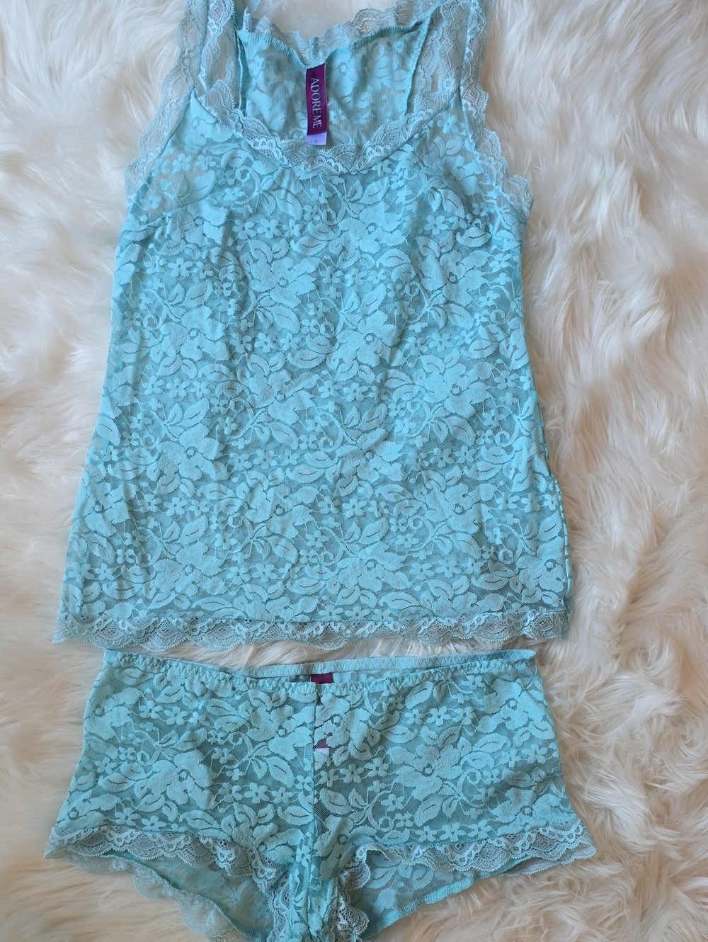 Adore Me Lace Tank Top & Boyshorts Set - Aqua Blue SIZE S